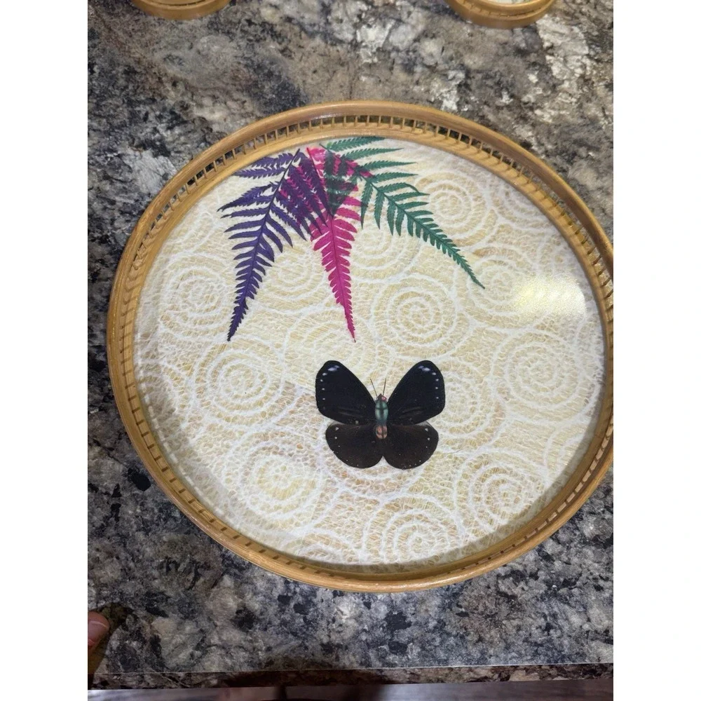 Vintage Butterfly Tray & 6 Coaster Set Pressed Butterfly Botanical Bamboo Tray